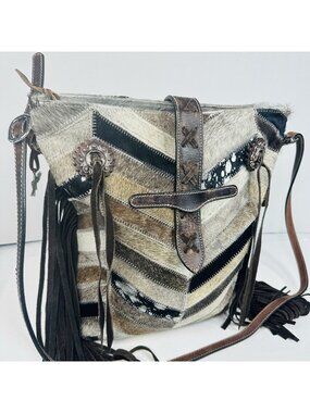 Angel Ranch Hairon Cowhide Large Crossbody Bag Chevron Western Cowgirl Fringe